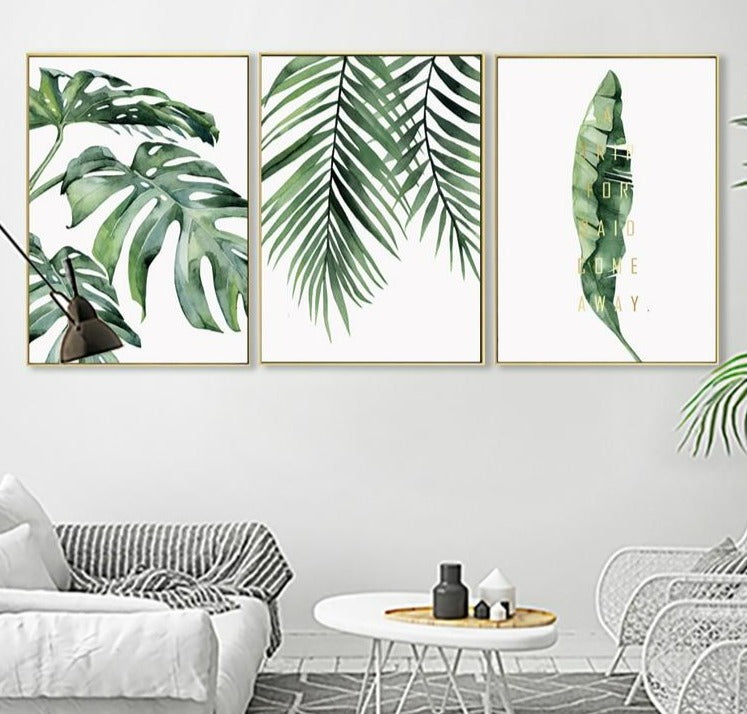 image of living room with leaf portraits on the wall